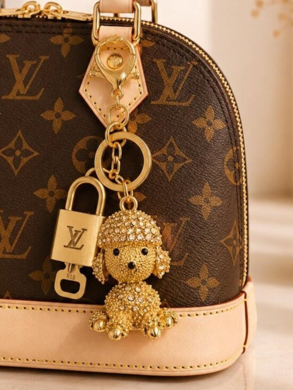 Authentic LV Gold Padlock 🔒Gold Rhinestone Poodle Dog Bag Charm Keychain